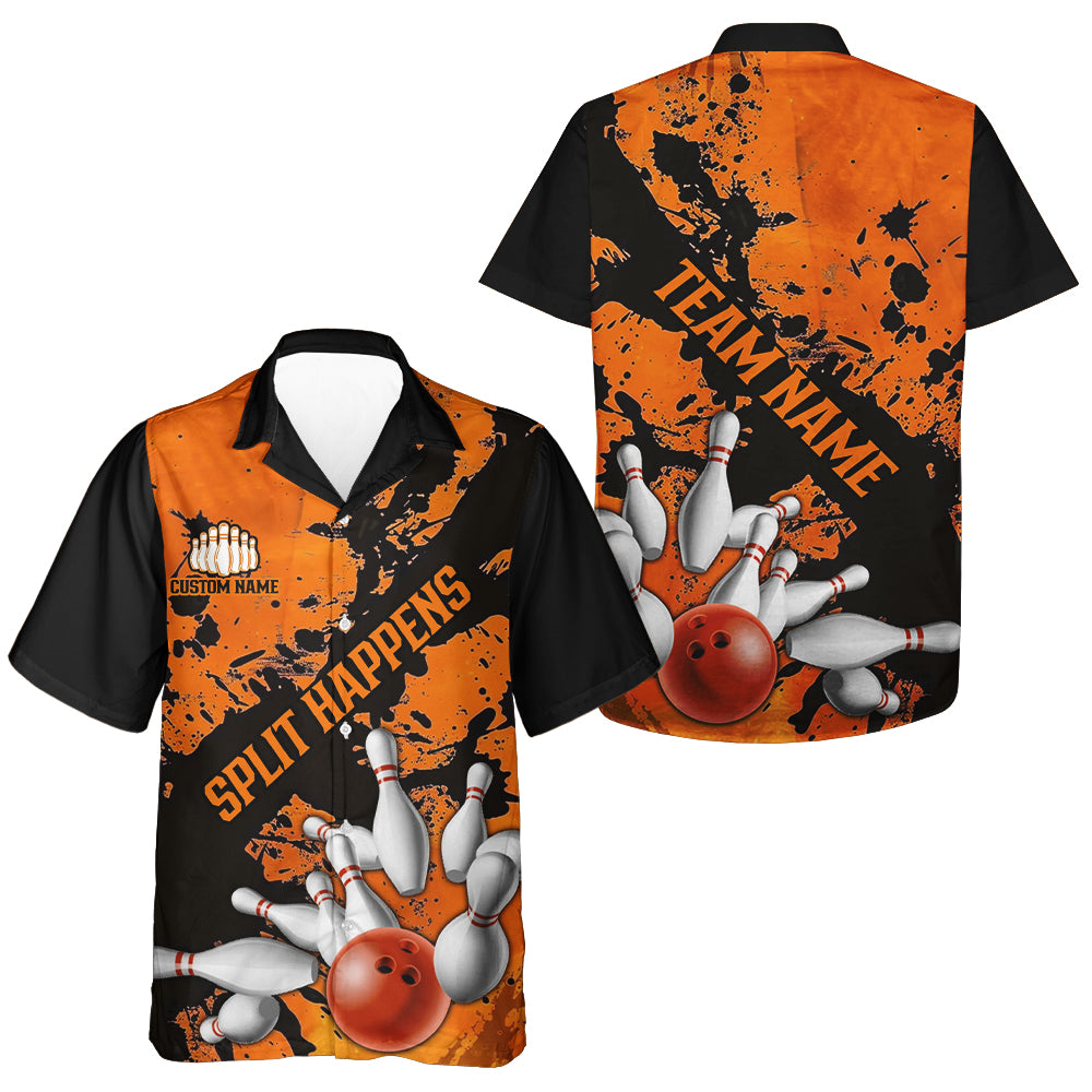 Split Happens Funny Orange Strike Bowling Hawaiian Shirts For Team, Bowling Apparel