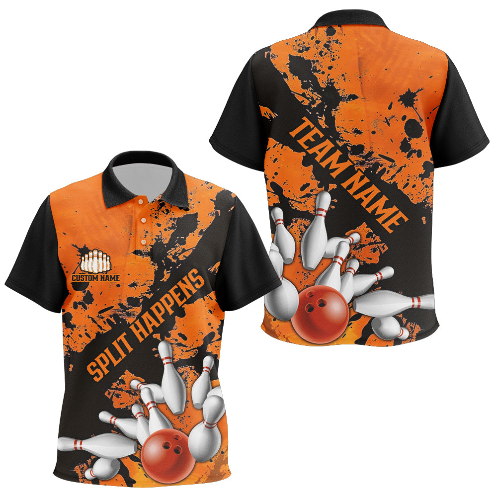 Split Happens Funny Orange Strike Bowling Polo Shirts For Team, Bowling Apparel
