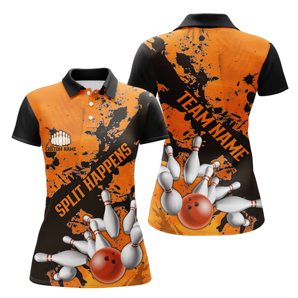 Split Happens Funny Orange Strike Bowling Polo Shirts For Team, Bowling Apparel