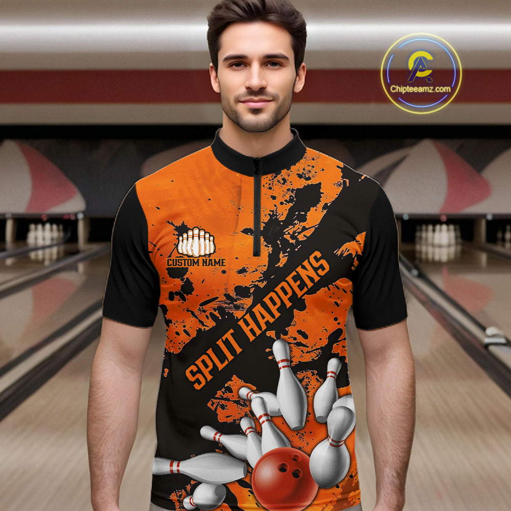 Split Happens Funny Unisex Orange Strike Bowling Shirts For Bowling Team, Bowling Apparel