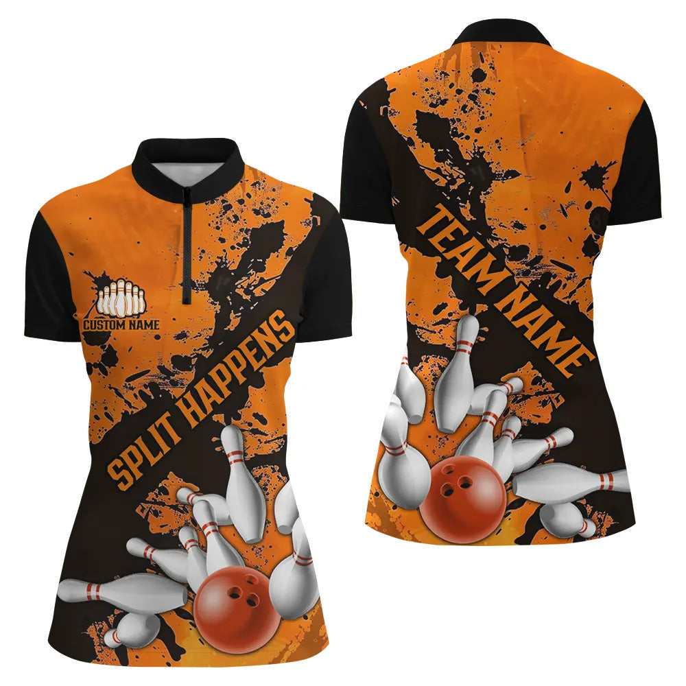 Split Happens Funny Orange Strike Bowling Quarter-Zip Shirts, Team Bowling Apparel