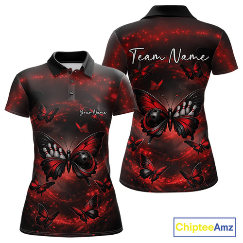 Custom Black And Red Galaxy Butterfly Bowling Polo Shirt, Butterflies Bowlers Outfits