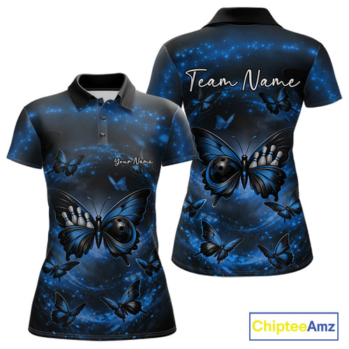 Custom Black And Blue Galaxy Butterfly Bowling Polo Shirt, Butterflies Bowlers Outfits