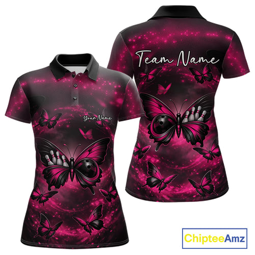 Custom Black And Pink Galaxy Butterfly Bowling Polo Shirt, Butterflies Bowlers Outfits