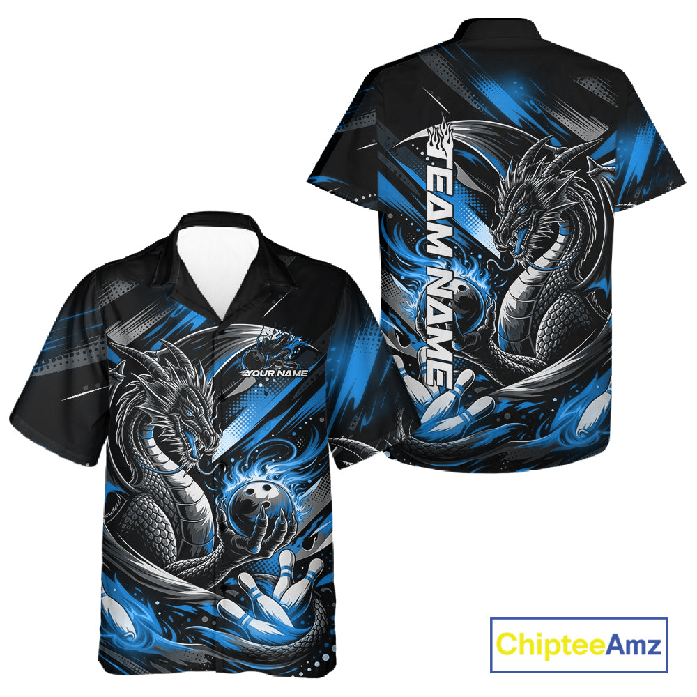 Personalized Black And Blue Dragon Bowling Team Jerseys, Dragon Bowling Hawaiian Shirt