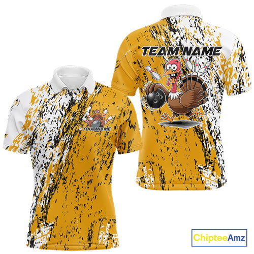 Custom Funny Yellow Thanksgiving Turkey Bowling Polo Shirts, Turkey Bowling Jerseys