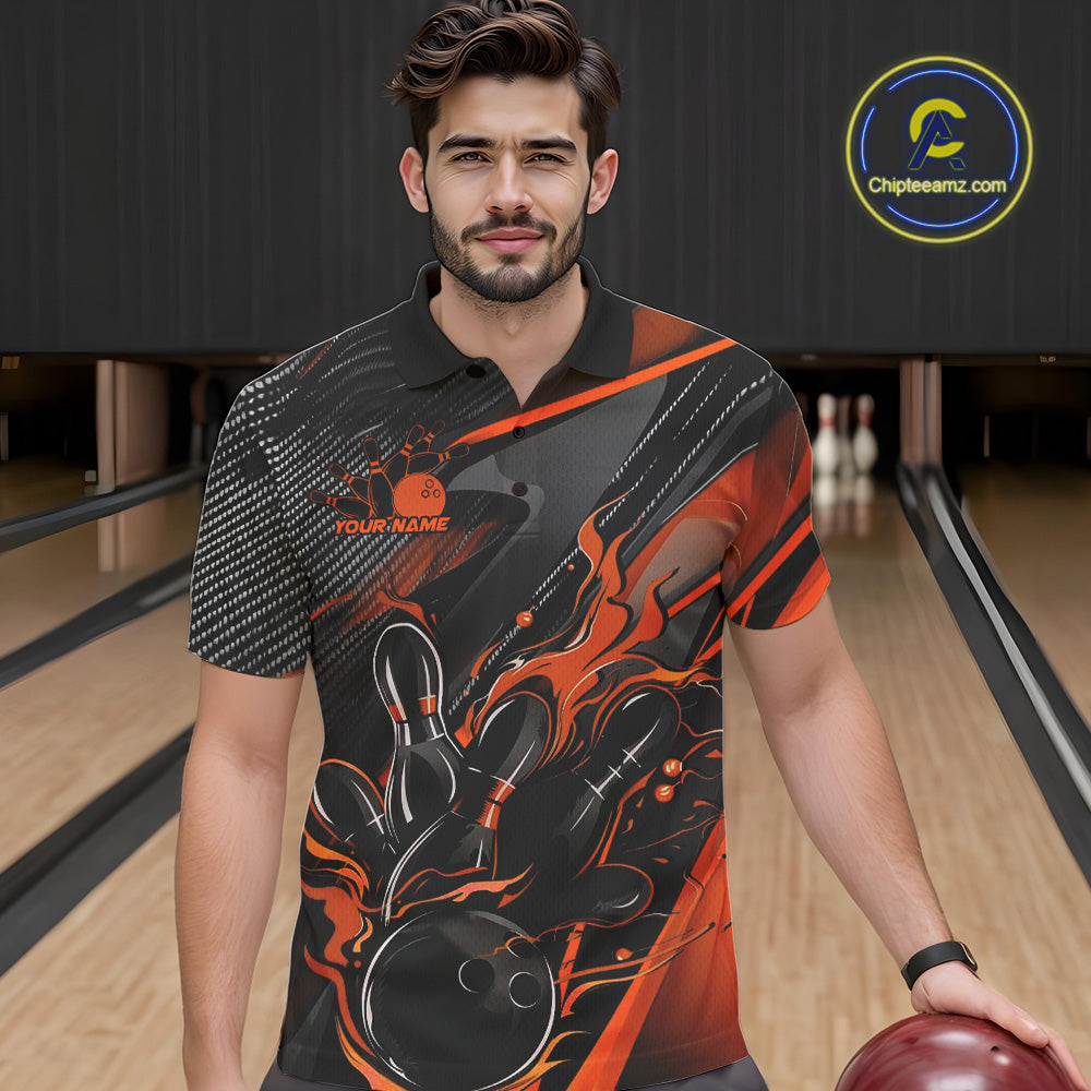 Custom Black And Orange Flame Bowling Team Polo Shirts, Fire Bowling Jerseys