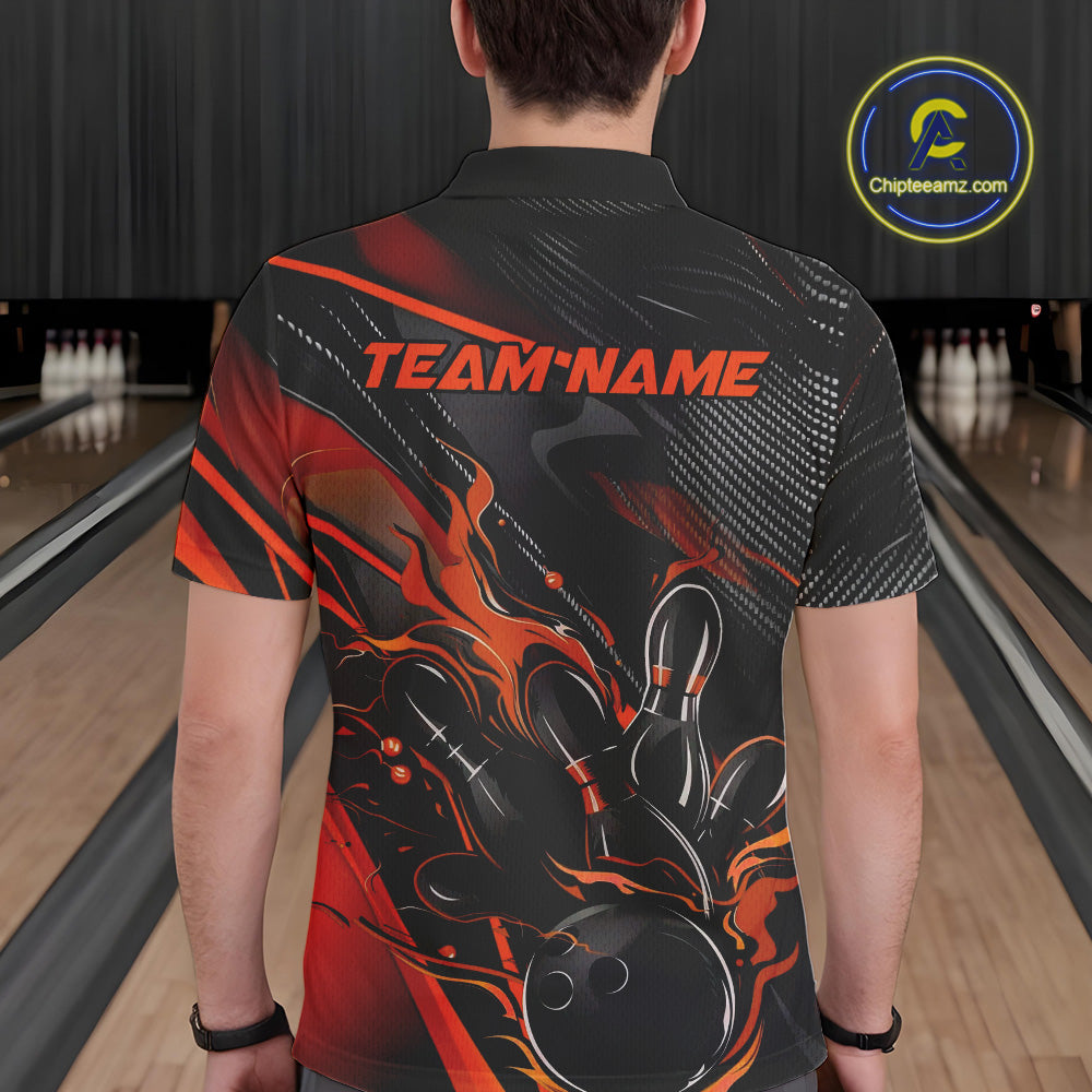 Custom Black And Orange Flame Bowling Team Polo Shirts, Fire Bowling Jerseys