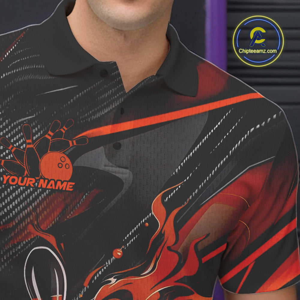 Custom Black And Orange Flame Bowling Team Polo Shirts, Fire Bowling Jerseys