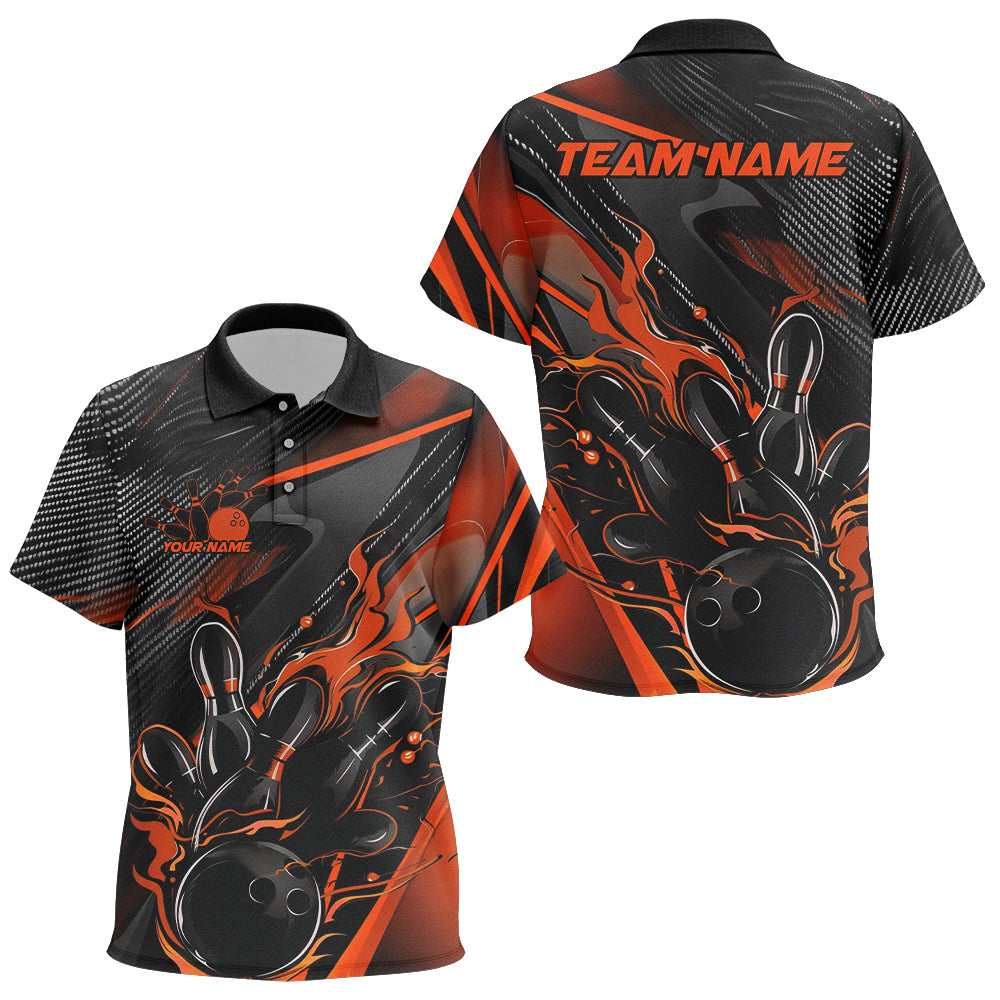 Custom Black And Orange Flame Bowling Team Polo Shirts, Fire Bowling Jerseys