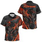 Custom Black And Orange Flame Bowling Team Polo Shirts, Fire Bowling Jerseys
