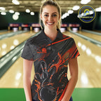 Custom Black And Orange Flame Bowling Team Polo Shirts, Fire Bowling Jerseys