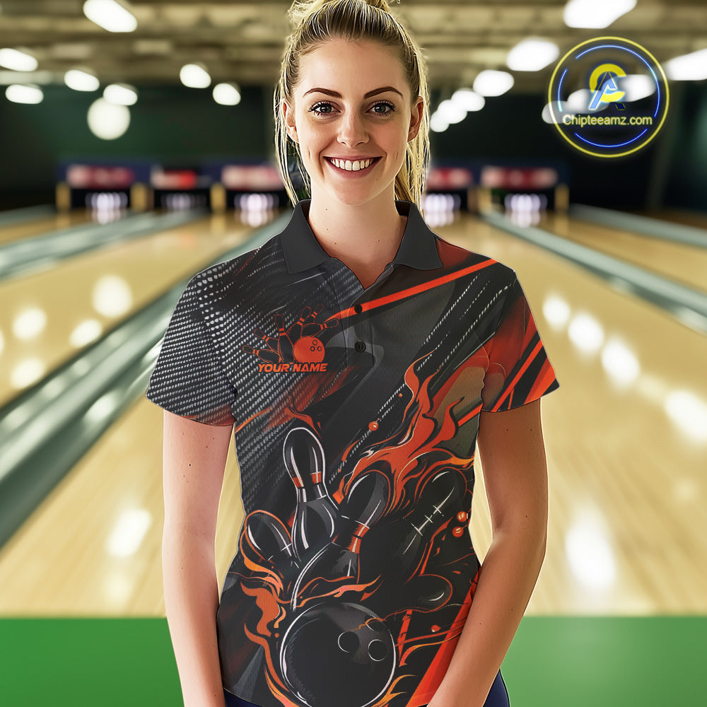 Custom Black And Orange Flame Bowling Team Polo Shirts, Fire Bowling Jerseys