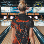 Custom Black And Orange Flame Bowling Team Polo Shirts, Fire Bowling Jerseys