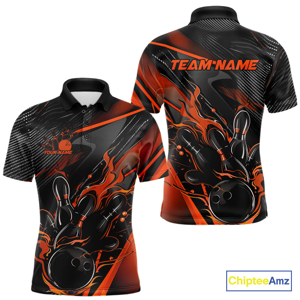 Custom Black And Orange Flame Bowling Team Polo Shirts, Fire Bowling Jerseys