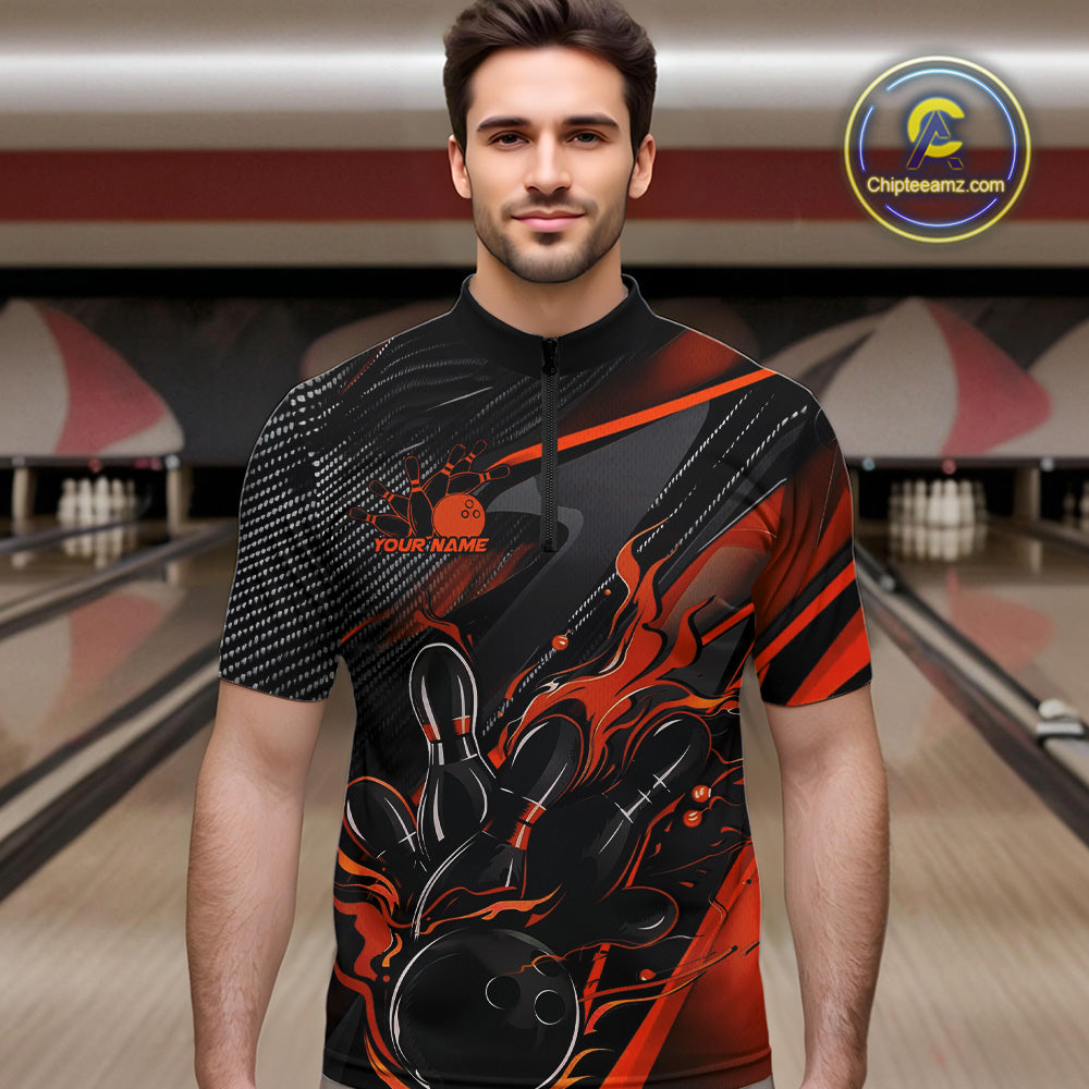 Custom Black And Orange Flame Bowling Team Quarter-Zip Shirts, Fire Bowling Jerseys