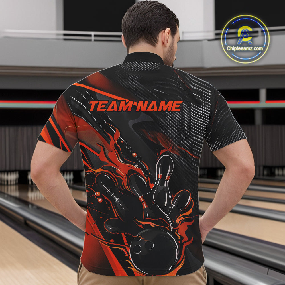 Custom Black And Orange Flame Bowling Team Quarter-Zip Shirts, Fire Bowling Jerseys