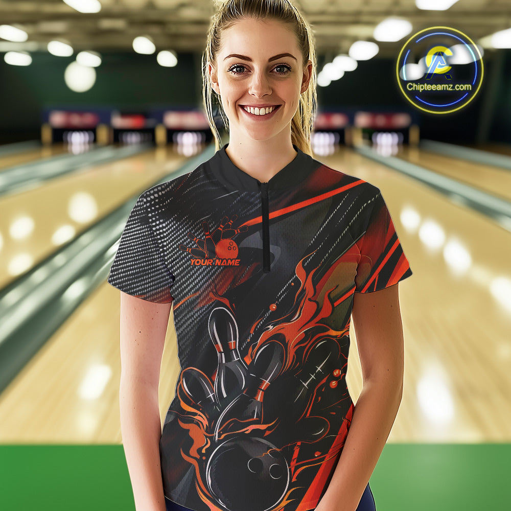 Custom Black And Orange Flame Bowling Team Quarter-Zip Shirts, Fire Bowling Jerseys
