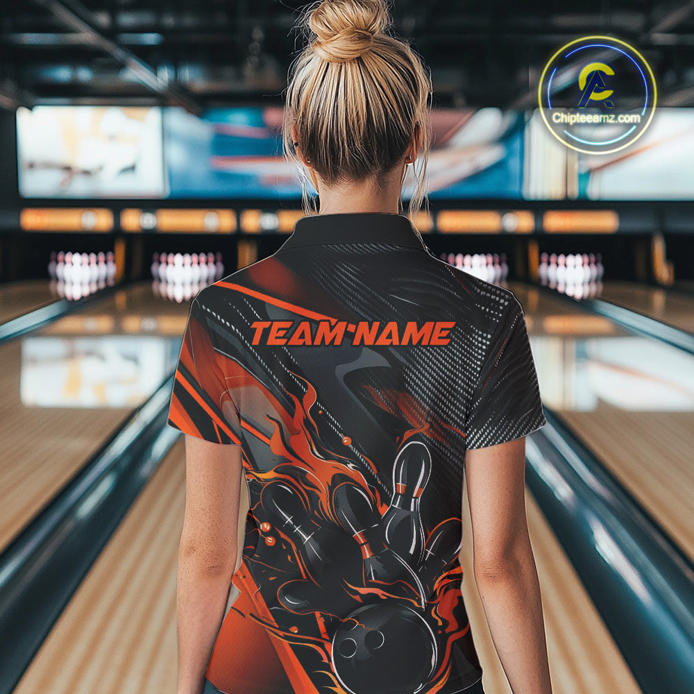 Custom Black And Orange Flame Bowling Team Quarter-Zip Shirts, Fire Bowling Jerseys