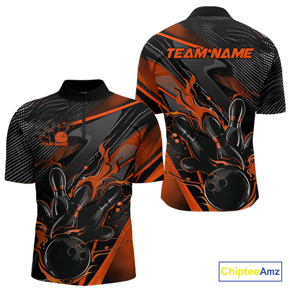 Custom Black And Orange Flame Bowling Team Quarter-Zip Shirts, Fire Bowling Jerseys