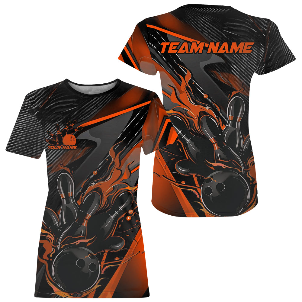 Custom Black And Orange Flame Bowling Team T-Shirts Shirts, Fire Bowling Jerseys