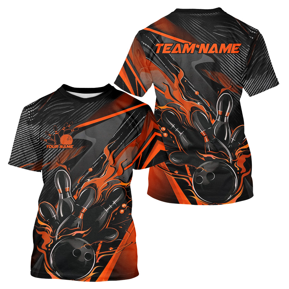Custom Black And Orange Flame Bowling Team T-Shirts Shirts, Fire Bowling Jerseys