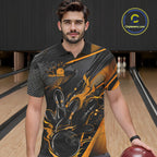 Custom Black And Yellow Flame Bowling Team Polo Shirts, Fire Bowling Jerseys