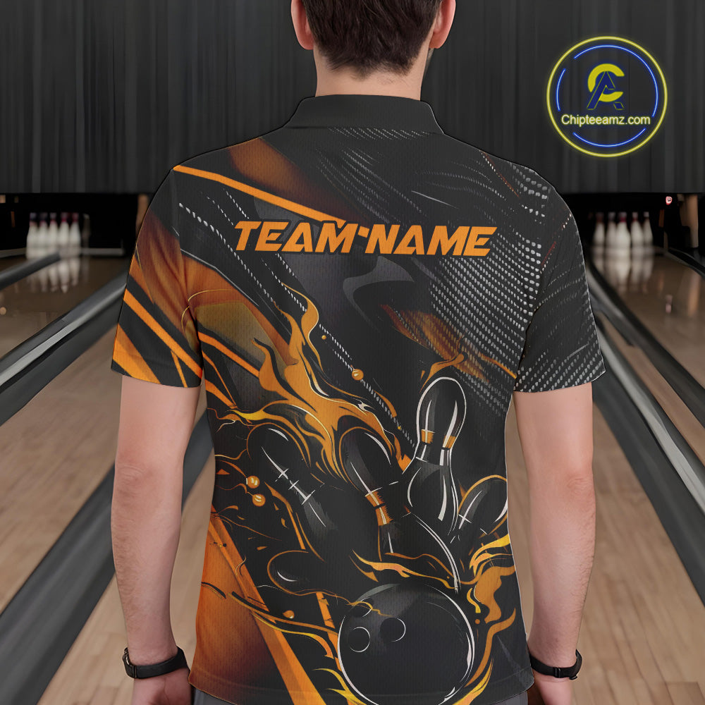 Custom Black And Yellow Flame Bowling Team Polo Shirts, Fire Bowling Jerseys