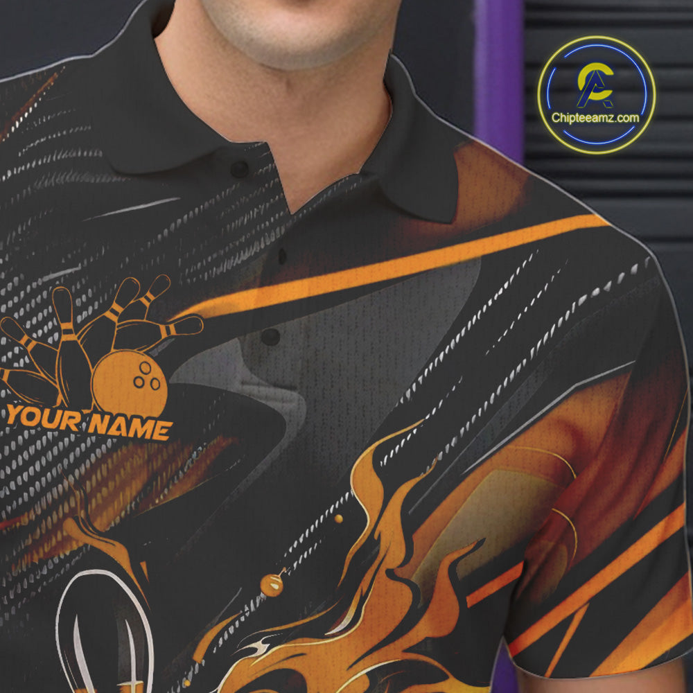 Custom Black And Yellow Flame Bowling Team Polo Shirts, Fire Bowling Jerseys