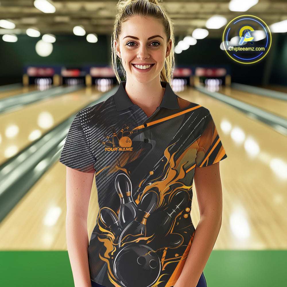 Custom Black And Yellow Flame Bowling Team Polo Shirts, Fire Bowling Jerseys