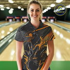 Custom Black And Yellow Flame Bowling Team Polo Shirts, Fire Bowling Jerseys