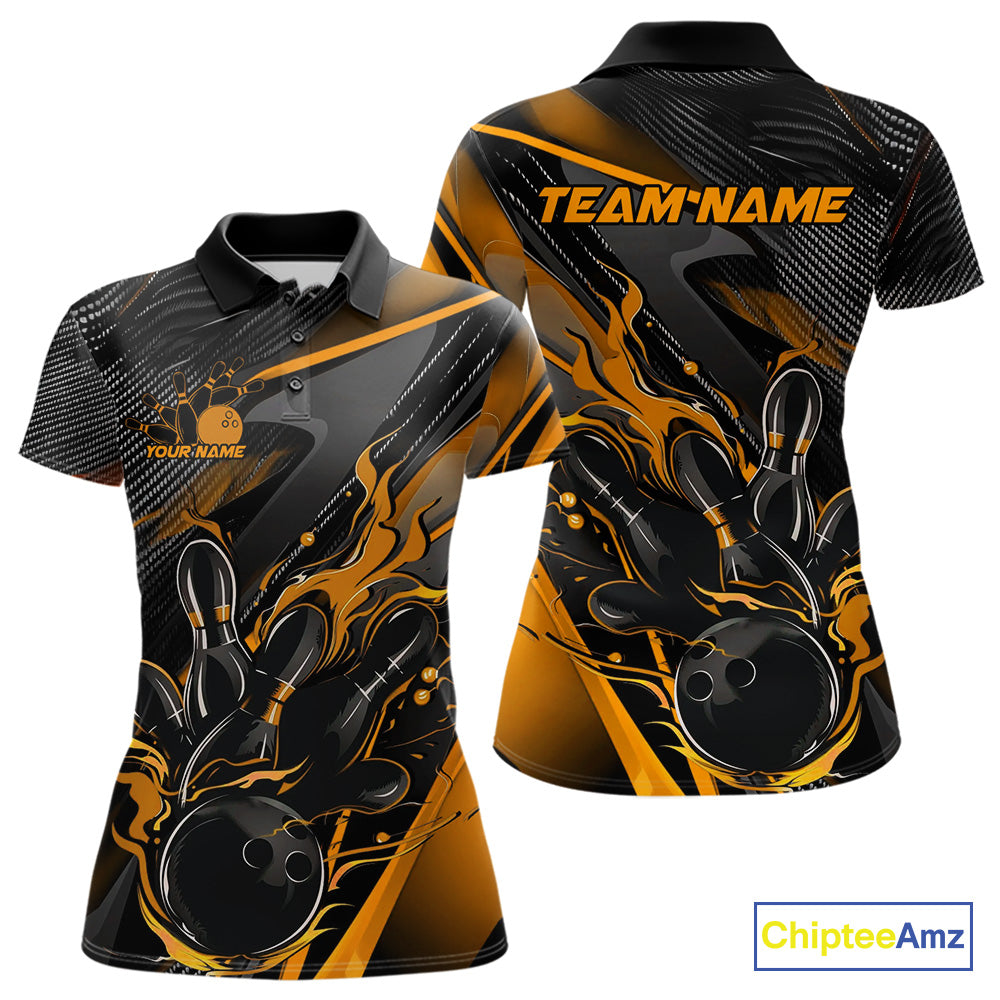 Custom Black And Yellow Flame Bowling Team Polo Shirts, Fire Bowling Jerseys