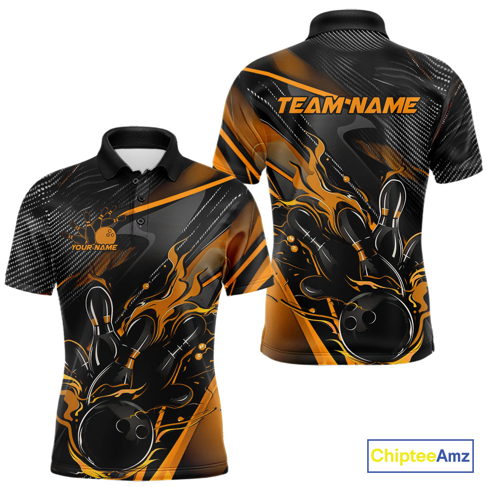 Custom Black And Yellow Flame Bowling Team Polo Shirts, Fire Bowling Jerseys