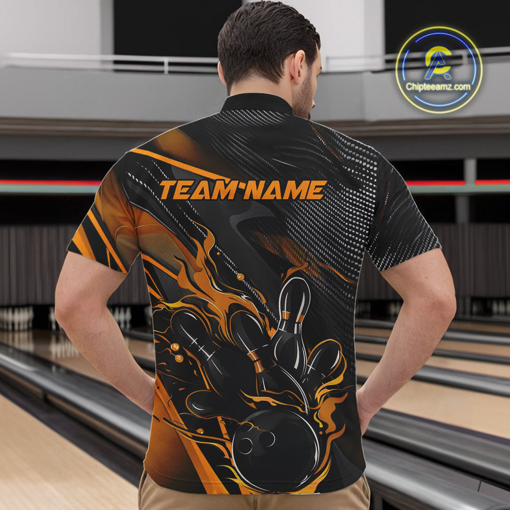 Custom Black And Yellow Flame Bowling Team Quarter-Zip Shirts, Fire Bowling Jerseys