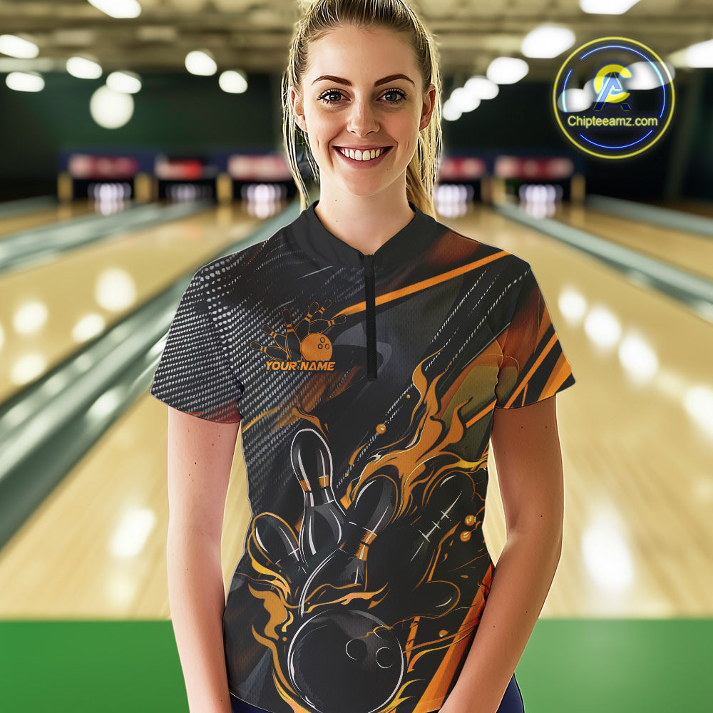 Custom Black And Yellow Flame Bowling Team Quarter-Zip Shirts, Fire Bowling Jerseys
