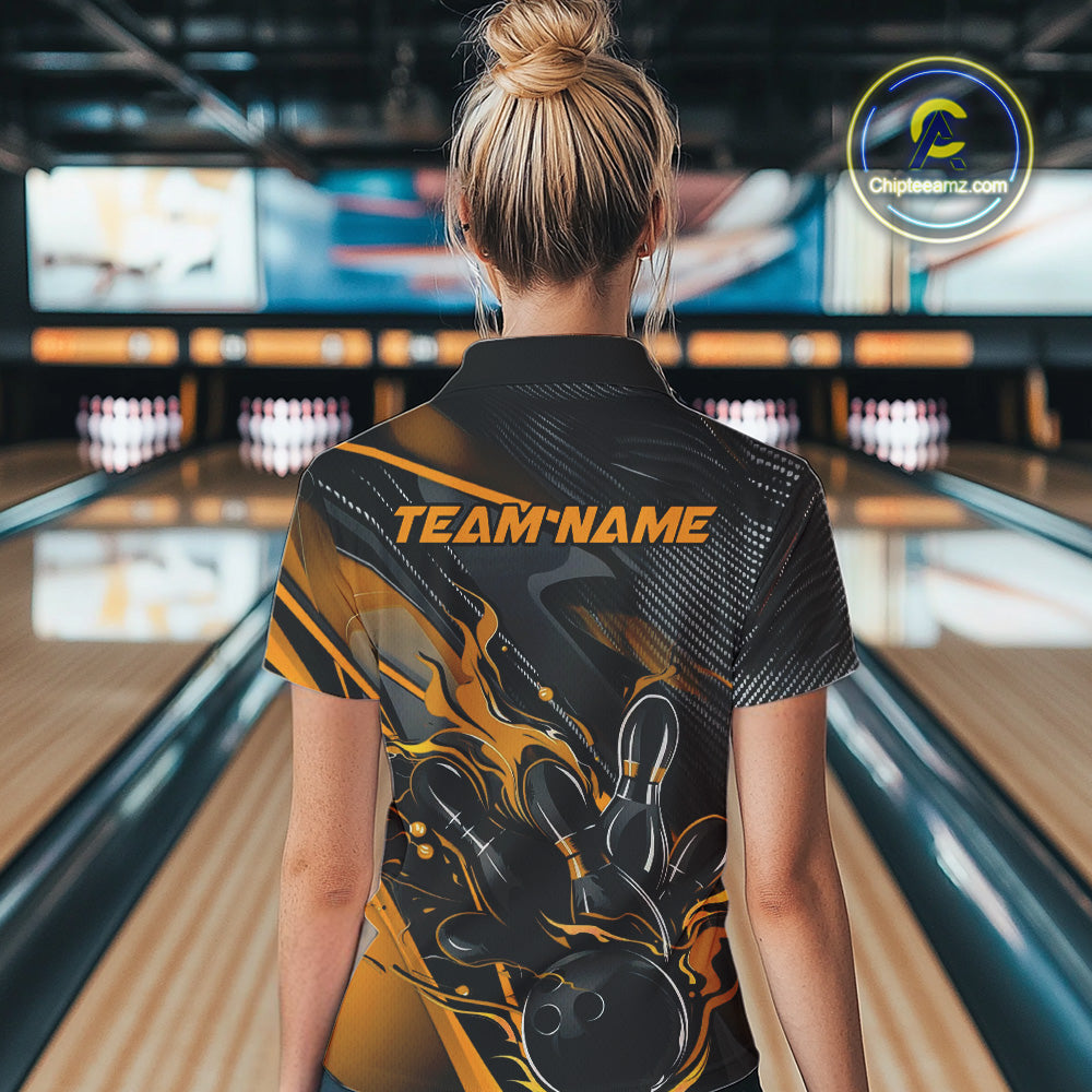 Custom Black And Yellow Flame Bowling Team Quarter-Zip Shirts, Fire Bowling Jerseys