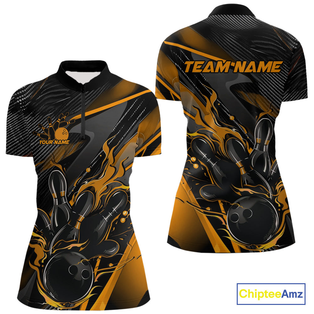 Custom Black And Yellow Flame Bowling Team Quarter-Zip Shirts, Fire Bowling Jerseys