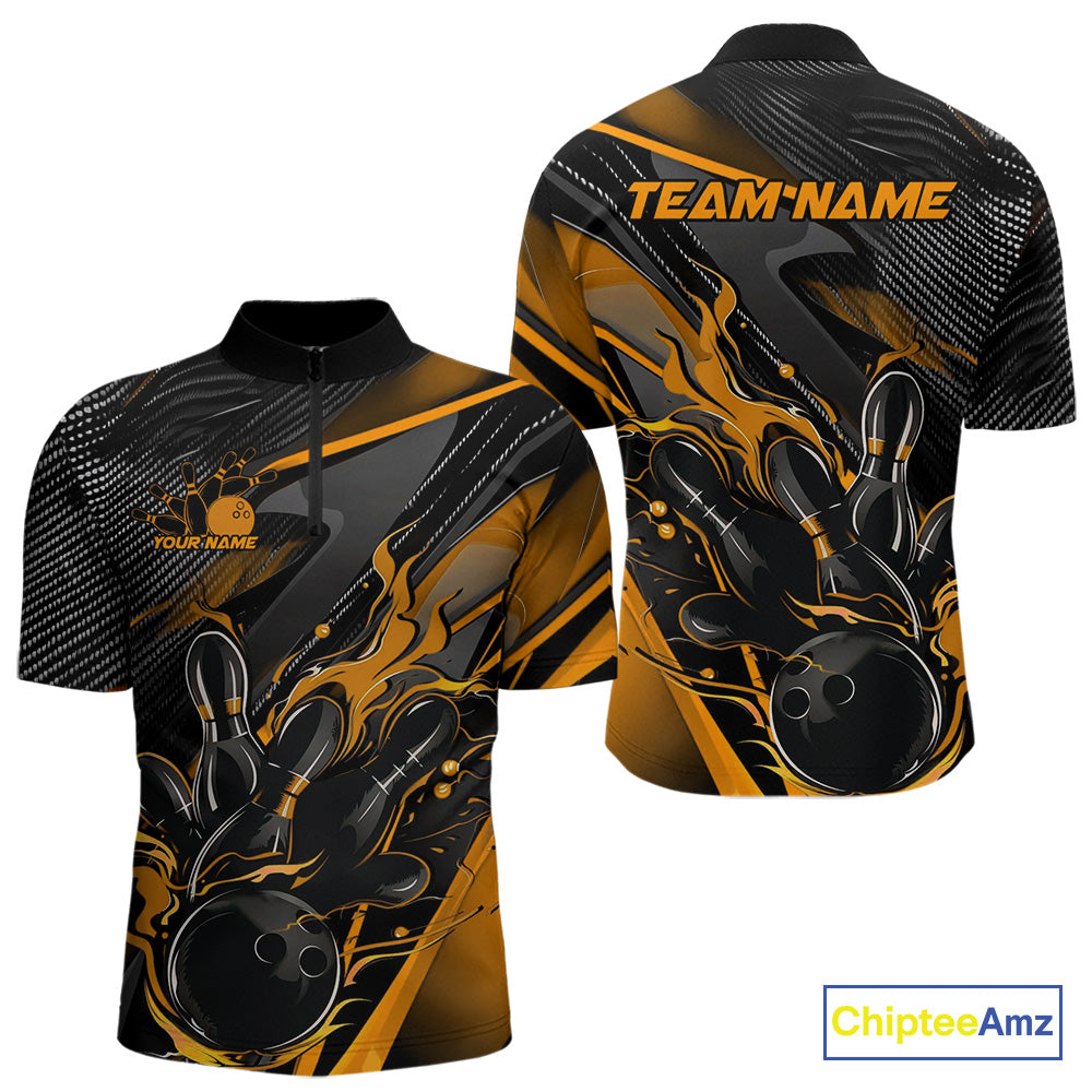 Custom Black And Yellow Flame Bowling Team Quarter-Zip Shirts, Fire Bowling Jerseys