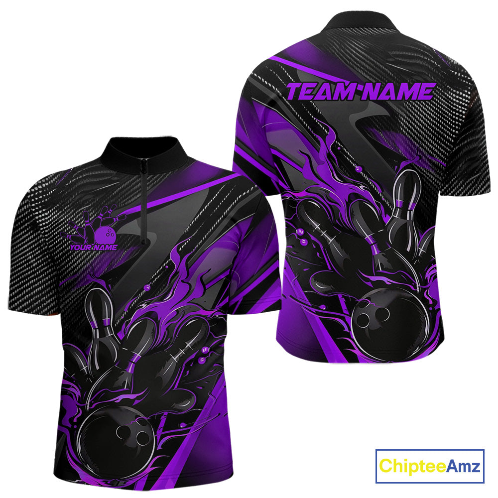 Custom Black And Purple Flame Bowling Team Quarter-Zip Shirts, Fire Bowling Jerseys