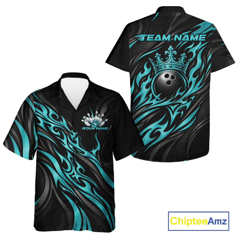 Black And Turquoise Blue Tribal Custom Crown Bowling Team And Button Up Shirt, Bowler Gift