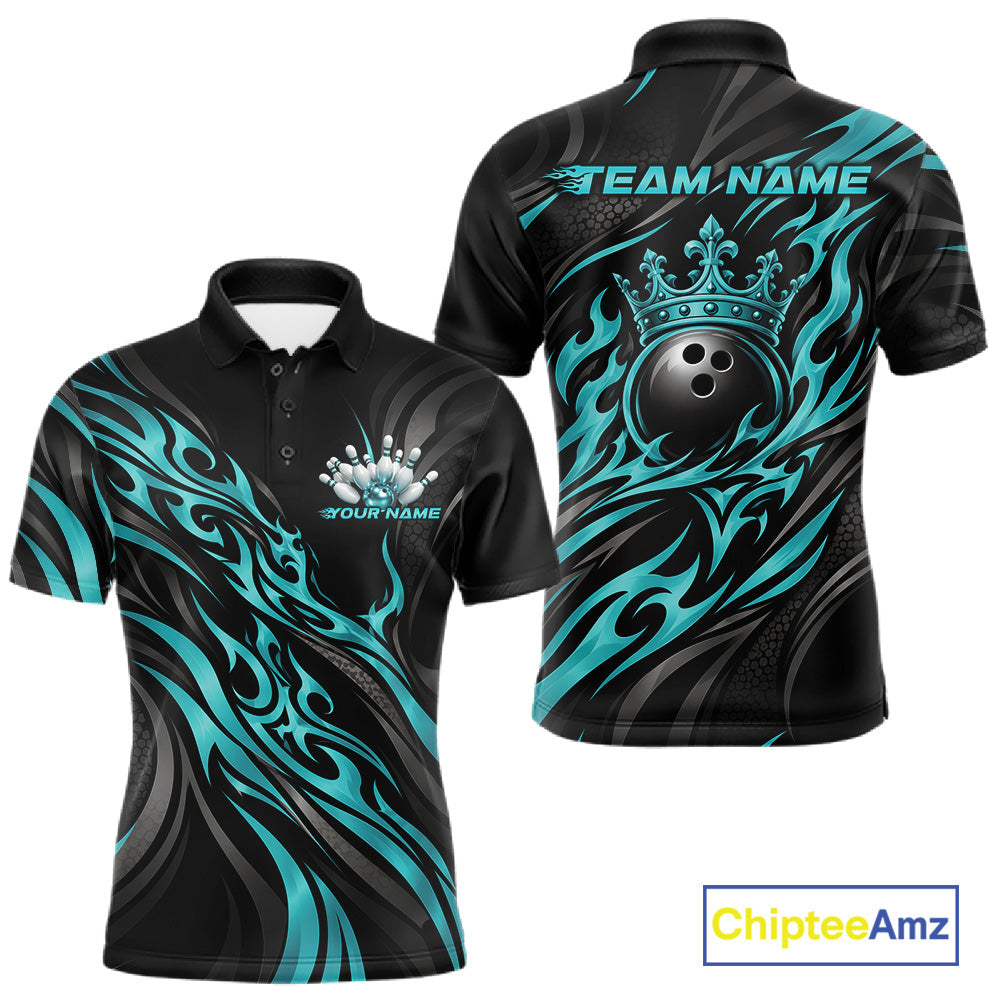 Black And Turquoise Blue Tribal Custom Crown Bowling Team Polo Shirt, Bowler Gift