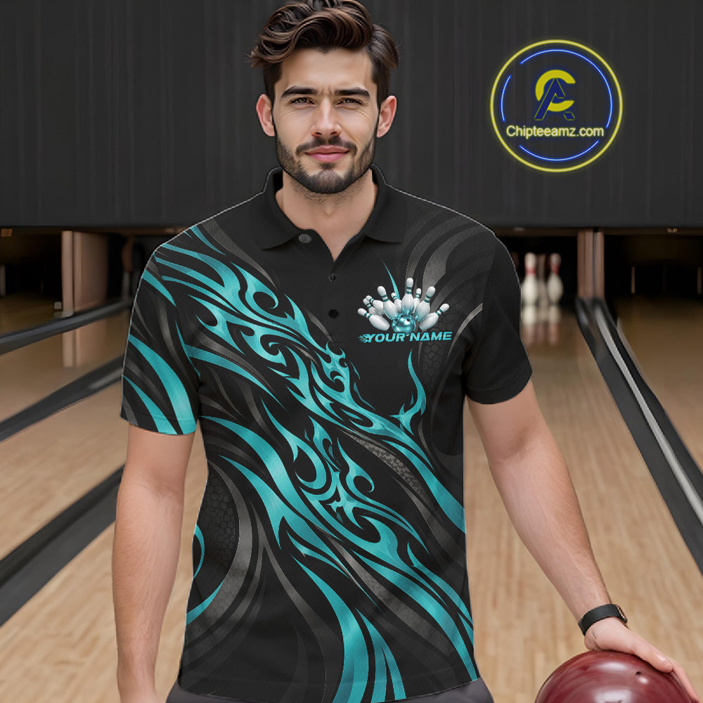 Black And Turquoise Blue Tribal Custom Crown Bowling Team Polo Shirt, Bowler Gift