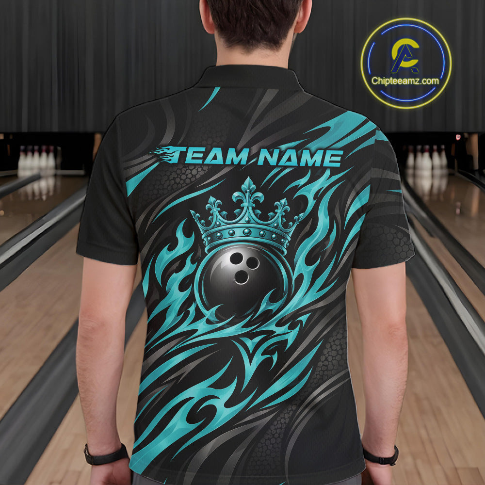 Black And Turquoise Blue Tribal Custom Crown Bowling Team Polo Shirt, Bowler Gift