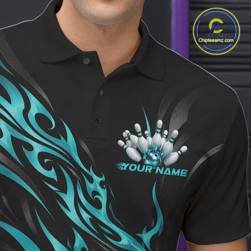 Black And Turquoise Blue Tribal Custom Crown Bowling Team Polo Shirt, Bowler Gift