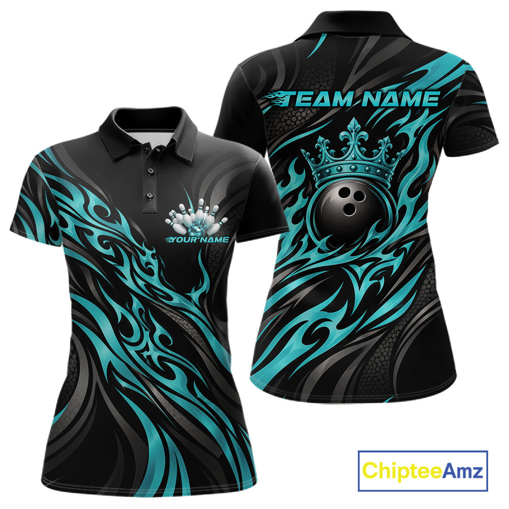 Black And Turquoise Blue Tribal Custom Crown Bowling Team Polo Shirt, Bowler Gift