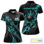 Black And Turquoise Blue Tribal Custom Crown Bowling Team Polo Shirt, Bowler Gift
