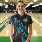 Black And Turquoise Blue Tribal Custom Crown Bowling Team Polo Shirt, Bowler Gift