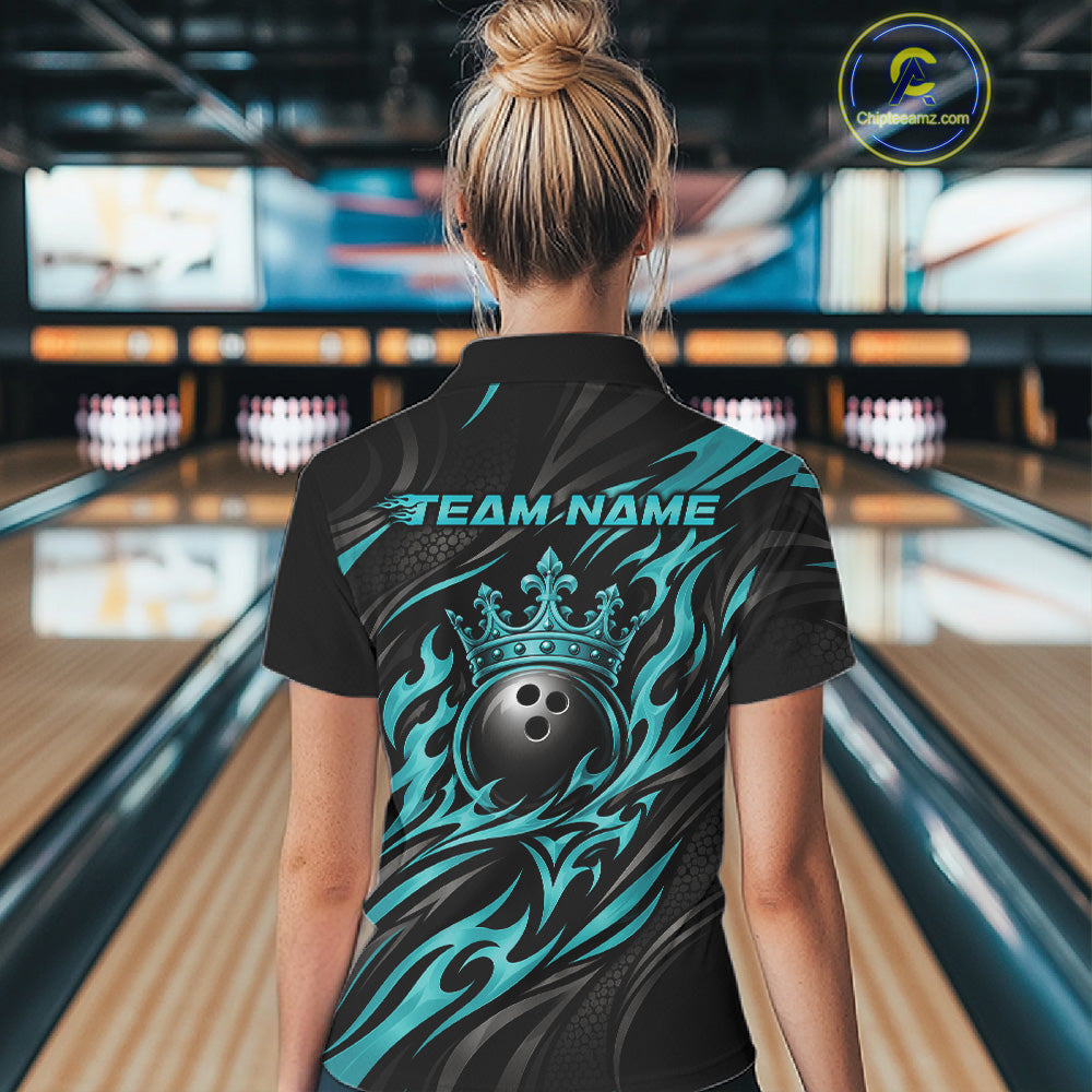 Black And Turquoise Blue Tribal Custom Crown Bowling Team Polo Shirt, Bowler Gift