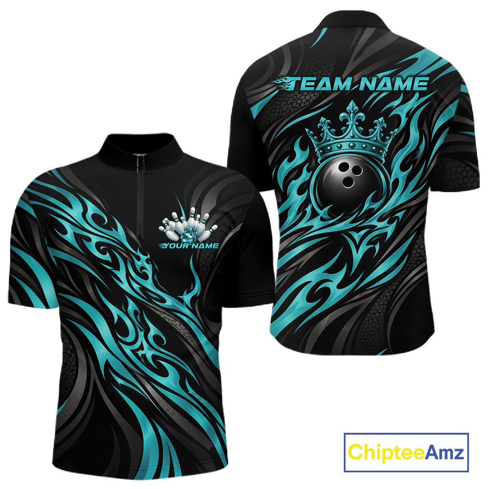 Black And Turquoise Blue Tribal Custom Crown Bowling Team Quarter Zip Shirt, Bowler Gift