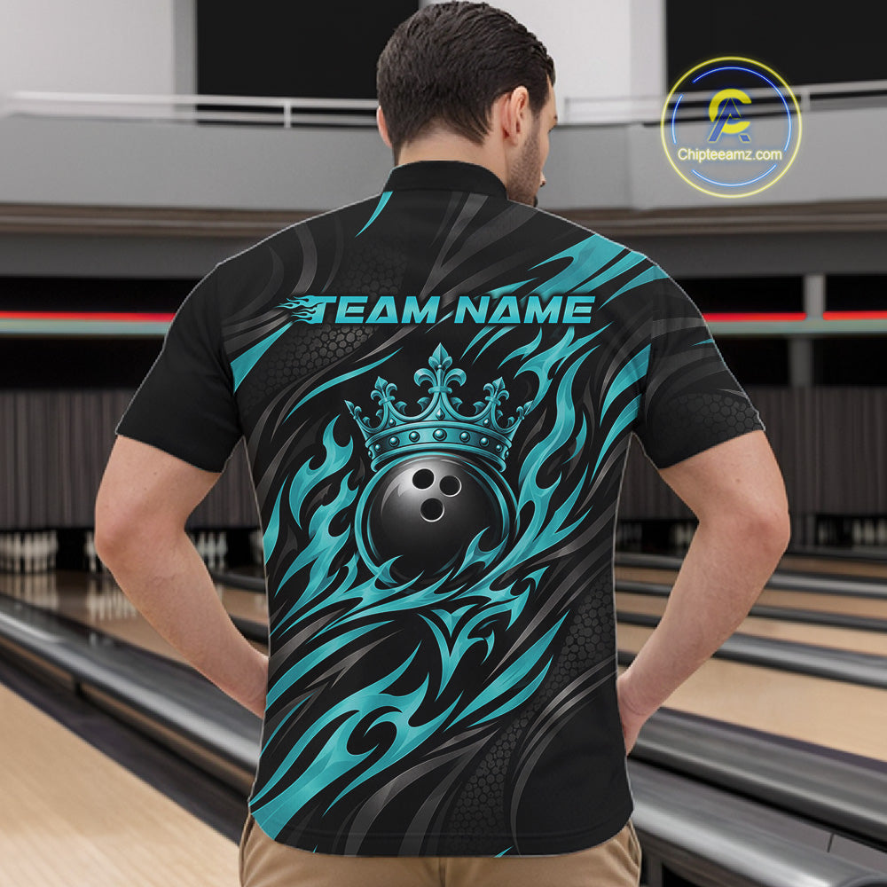 Black And Turquoise Blue Tribal Custom Crown Bowling Team Quarter Zip Shirt, Bowler Gift
